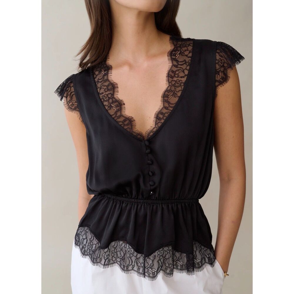 Few Moda x Sorella Atelier Yada 100% Silk Lace Top Black Women's M NWT